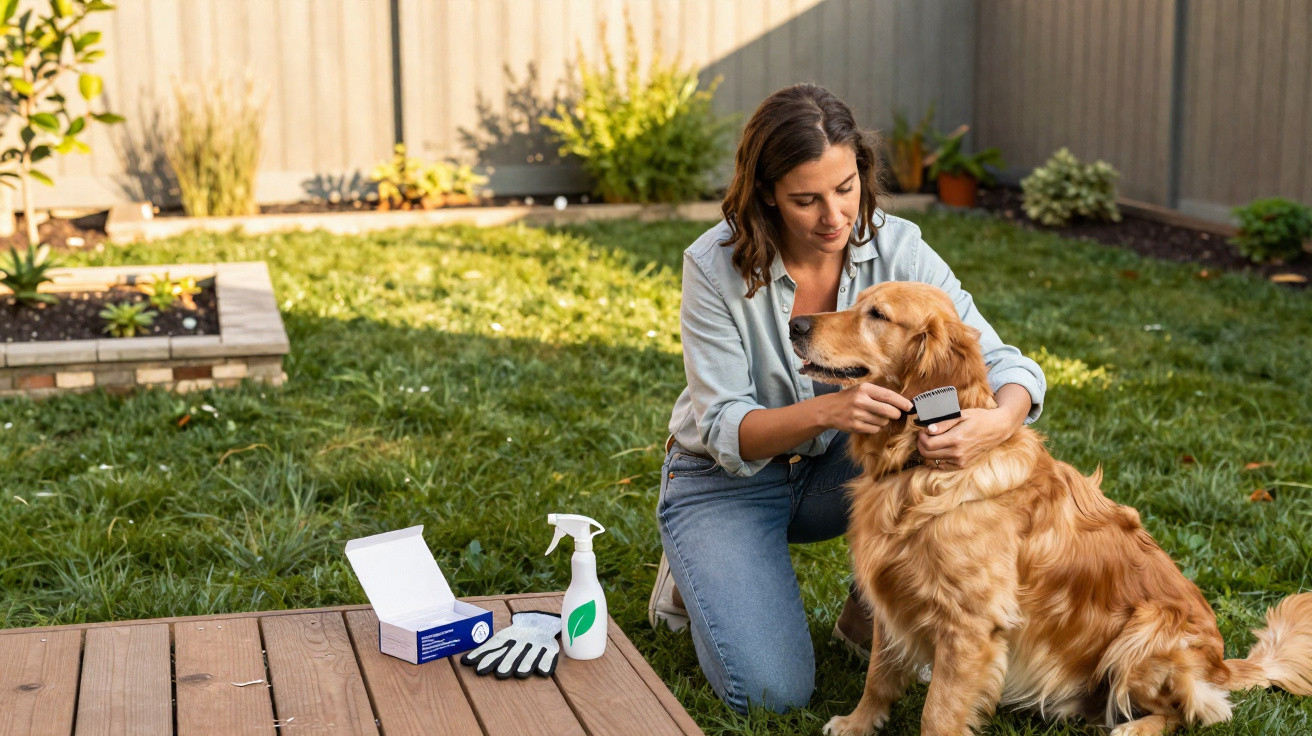 Woman grooming a golden retriever in a garden with pet care products on a wooden deck nearby.