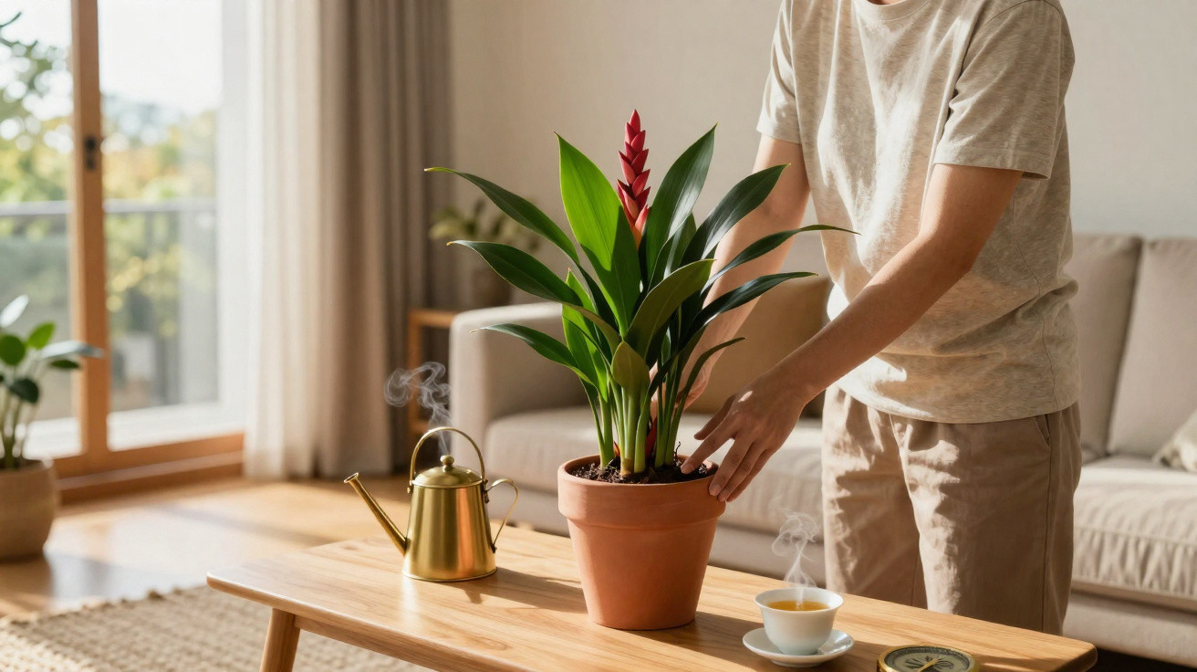 Person tending to a potted green plant with a red flower on a wooden table in a bright living room.