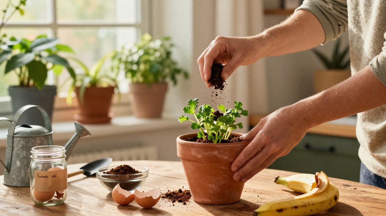 Person adding soil to a potted plant on a wooden table with gardening tools and banana peel nearby.