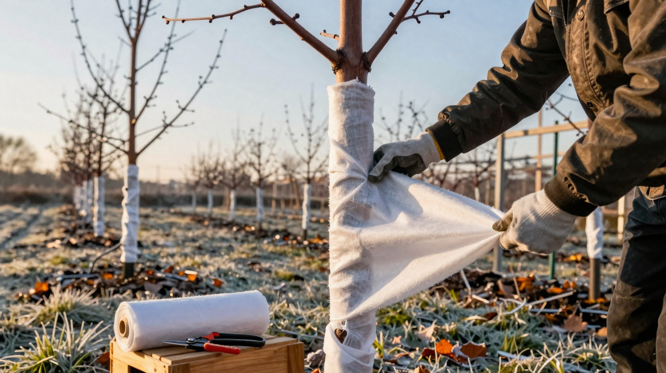 Person wrapping a young tree trunk with white protective fabric in a frosty orchard at sunrise.