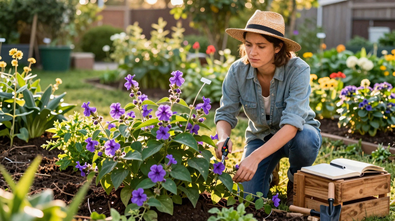 Woman in a straw hat pruning purple flowers in a garden bed with gardening tools and notebook nearby.