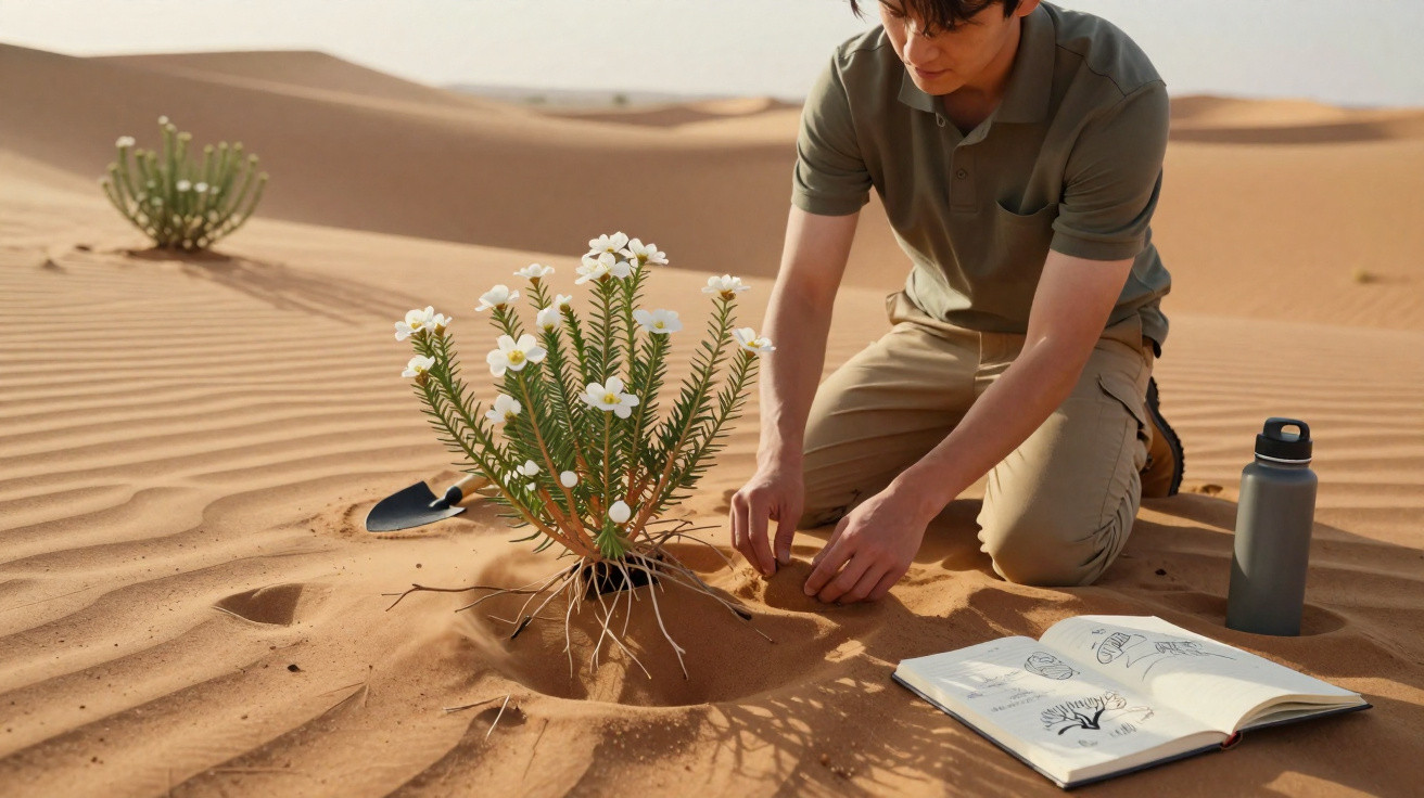 Person kneeling in desert planting a small white-flowered shrub next to an open book and water bottle.
