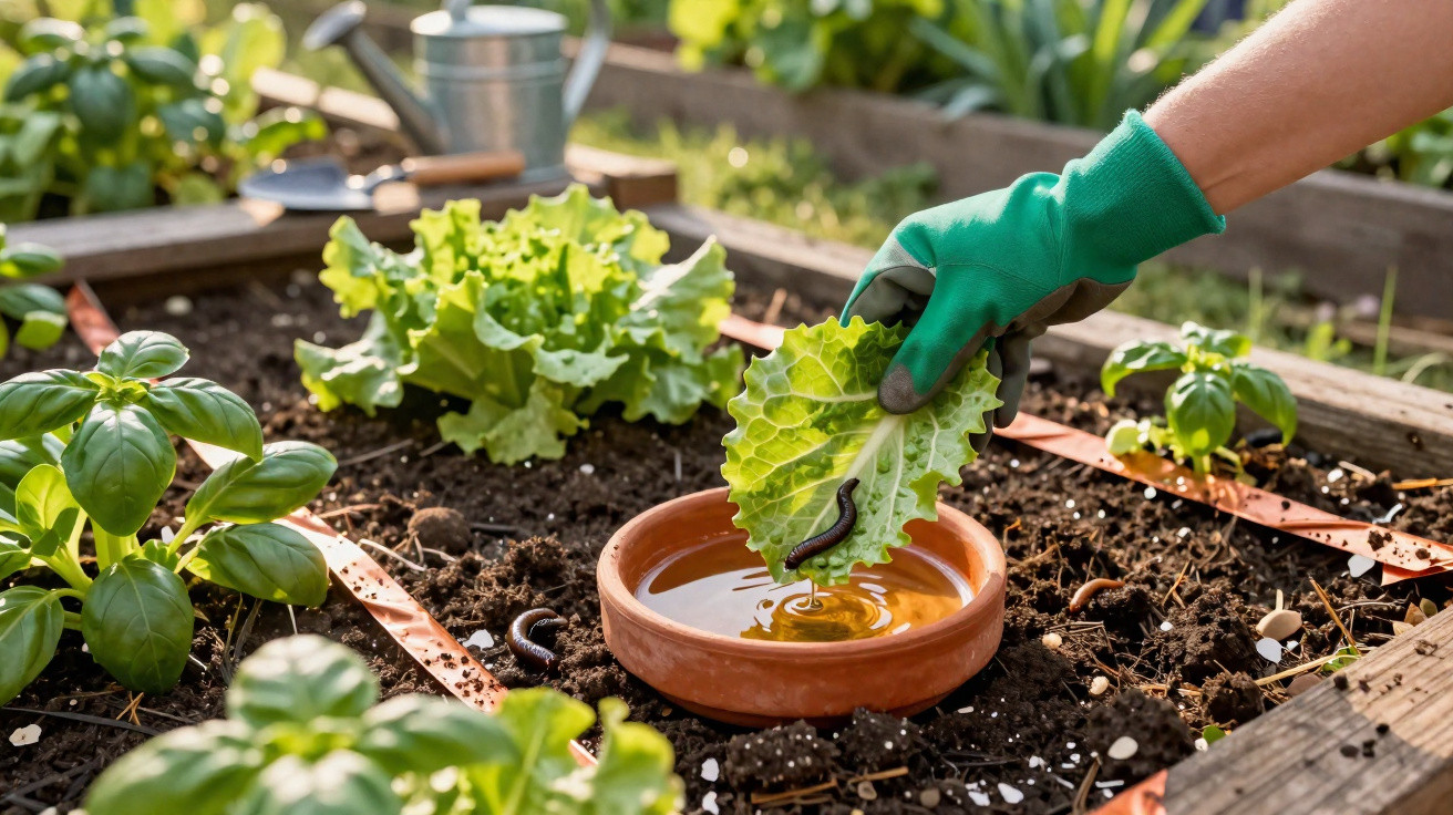 Gloved hand holding lettuce with a slug over a plant saucer in a raised garden bed with herbs and lettuce.