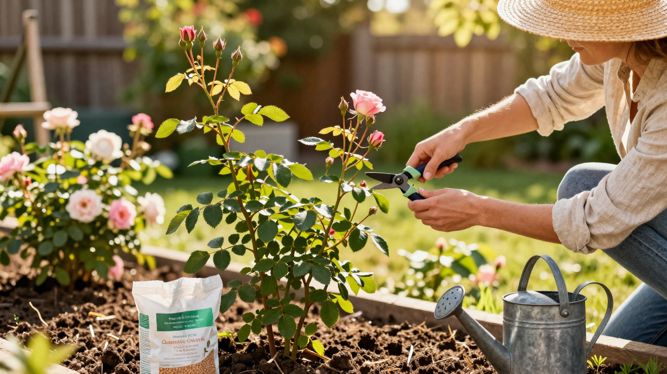 Person pruning rose bushes in a garden with a watering can and plant food bag nearby in bright daylight.