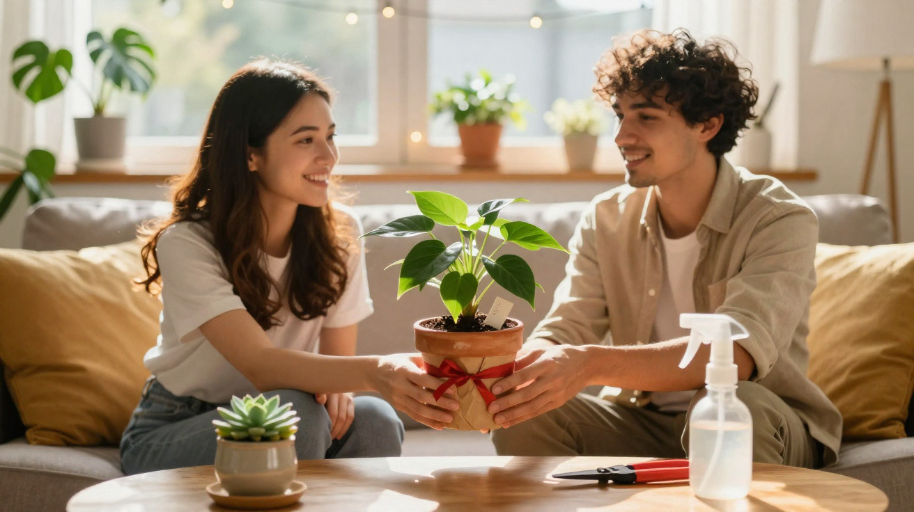 Young couple sitting on a sofa exchanging a potted plant in a sunlit living room with gardening tools nearby.
