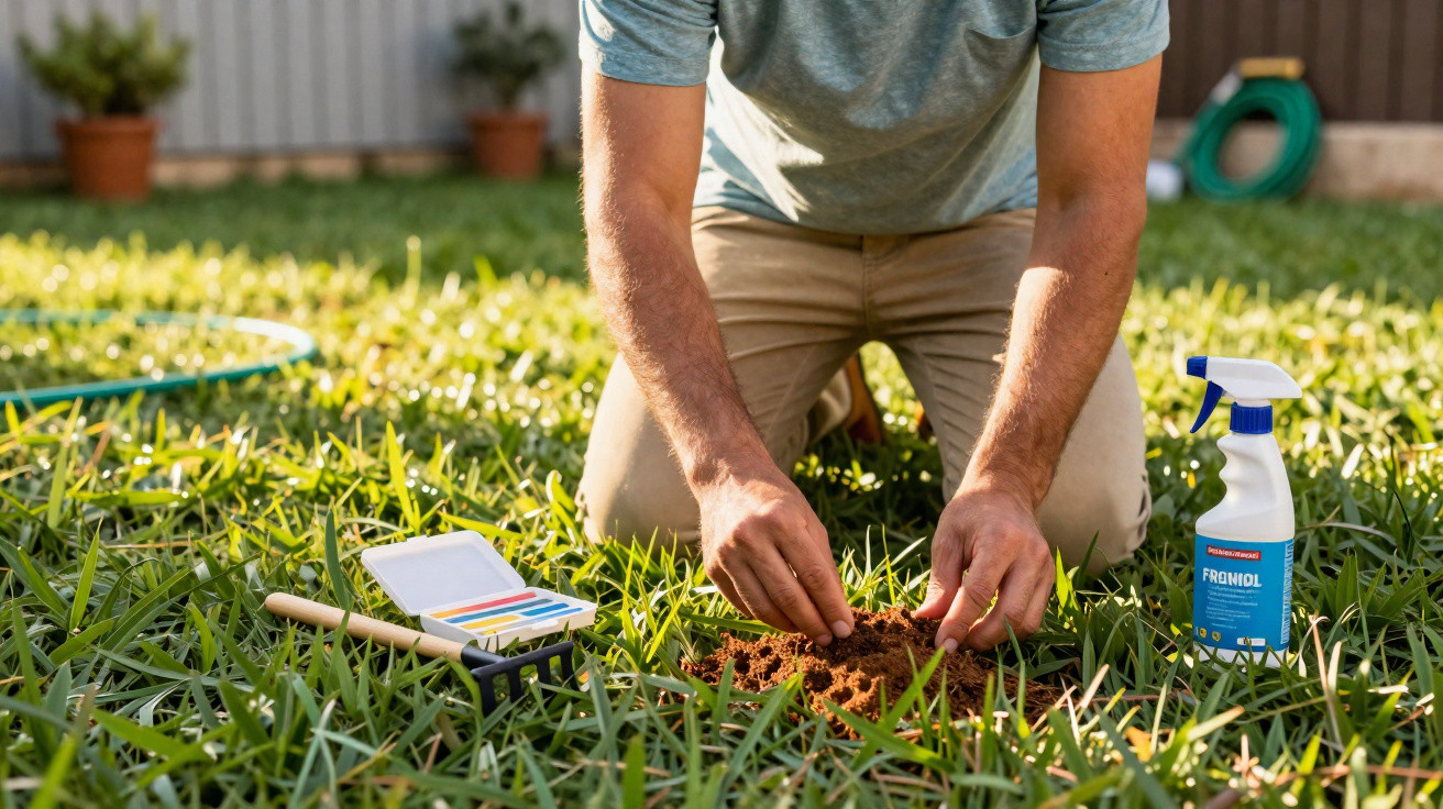 Person kneeling on grass testing soil with pH strips and gardening spray bottle nearby in backyard garden.