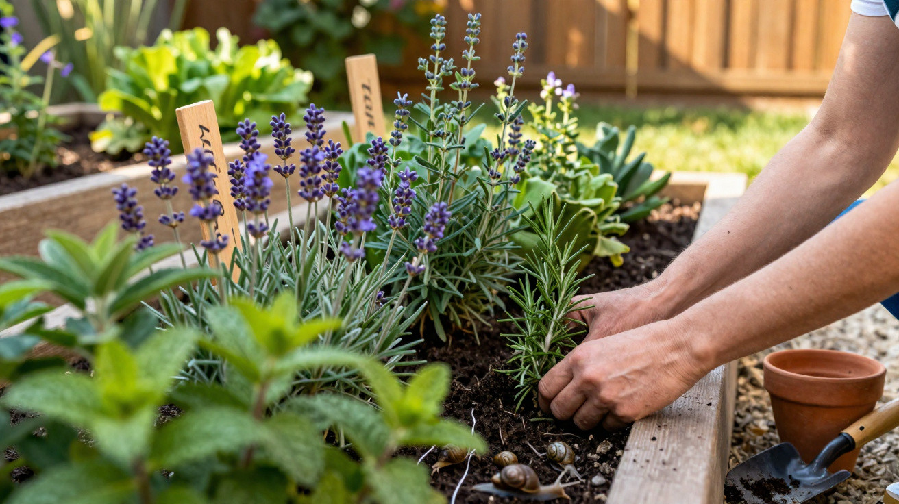Hands planting herbs in a raised garden bed with lavender and labelled plant markers in a sunny backyard