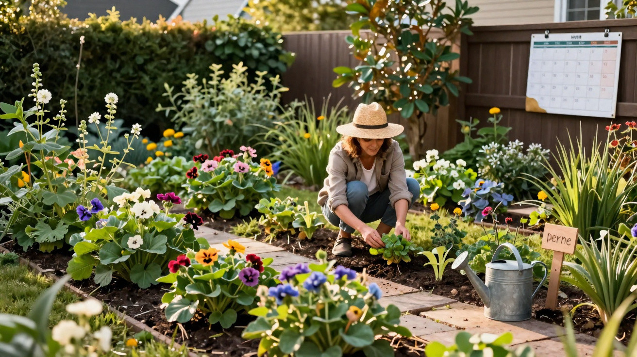 Woman wearing a straw hat planting flowers in a colourful garden with a watering can and calendar on the fence.