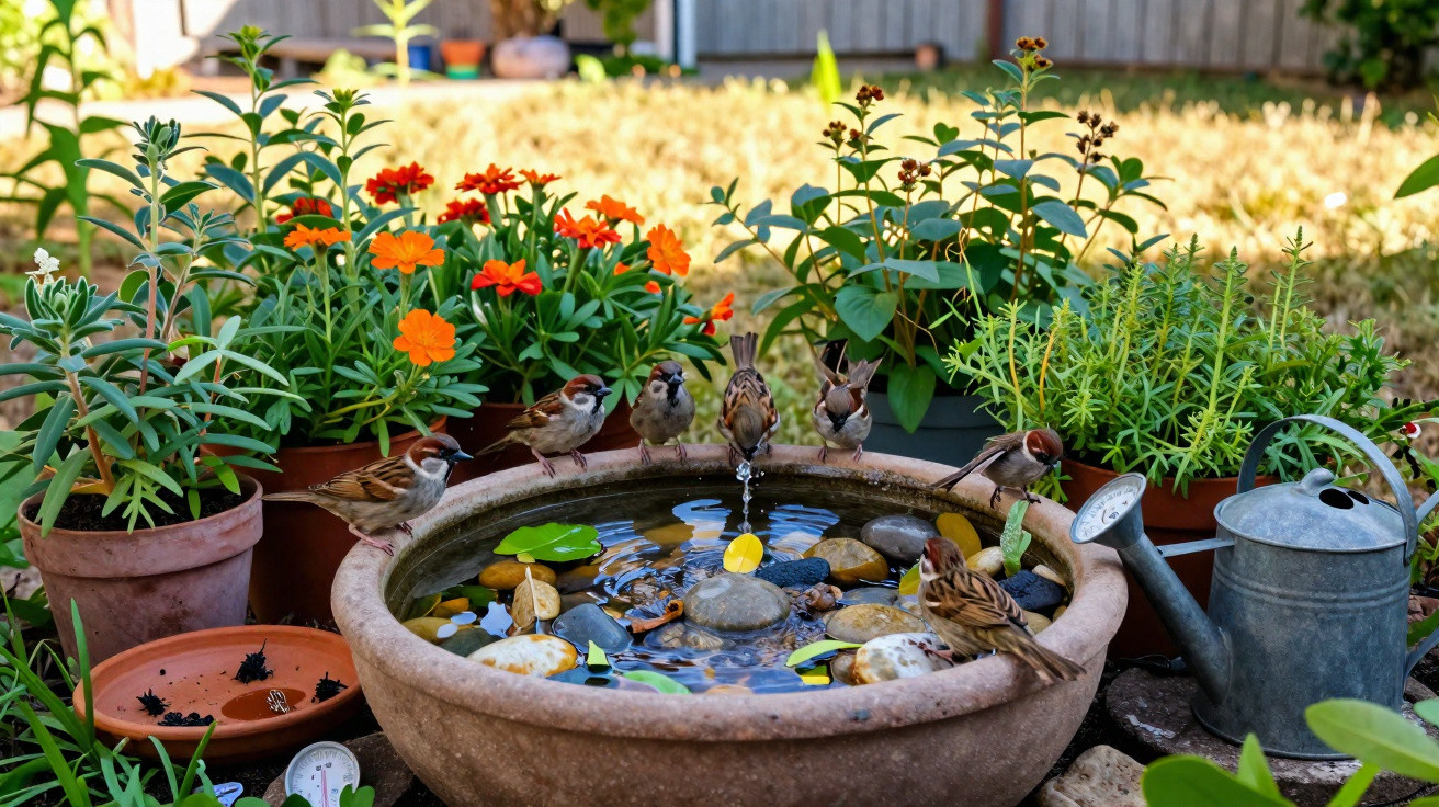 Small birds perched on the edge of a stone birdbath surrounded by potted plants and a watering can in a garden.