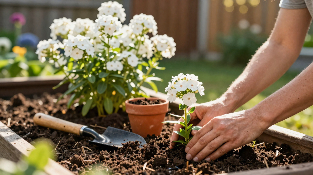 Hands planting a small white flowering plant in a raised garden bed with a trowel and flower pot nearby.
