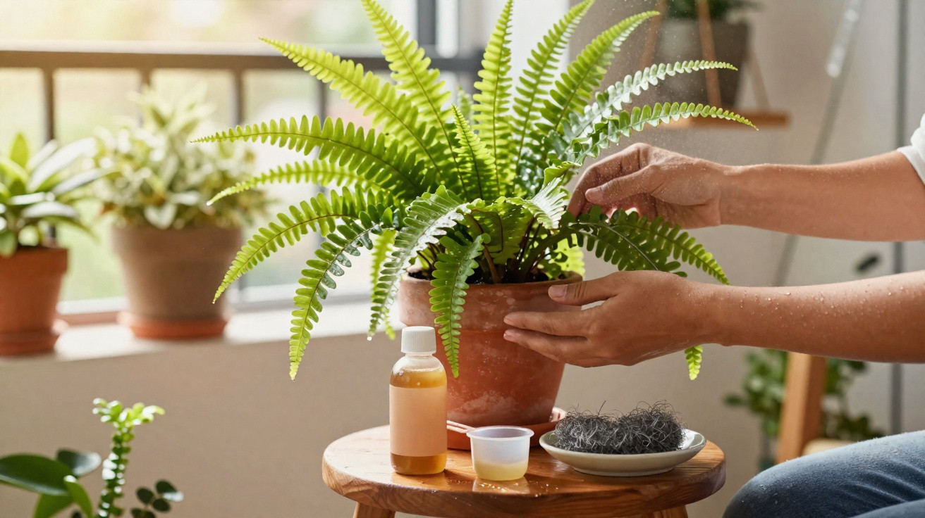 Hands tending a healthy green fern plant in a terracotta pot on a wooden table with plant care items.