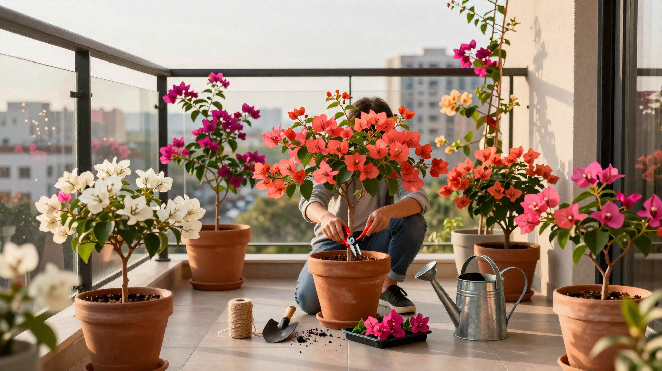 Person pruning vibrant bougainvillea plants on a city balcony with gardening tools and a watering can nearby