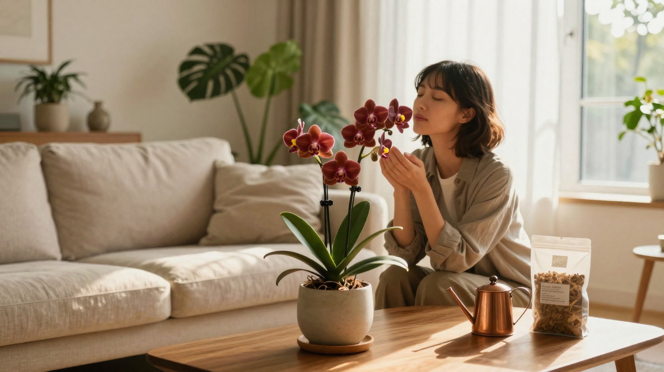 Woman enjoying the scent of a red orchid plant on a wooden table in a sunlit living room.