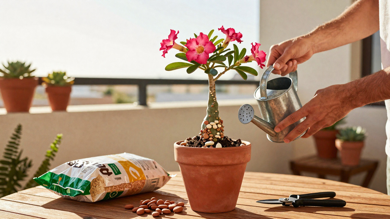Hands watering a pink desert rose plant in a terracotta pot on a wooden table with gardening tools and soil bag.