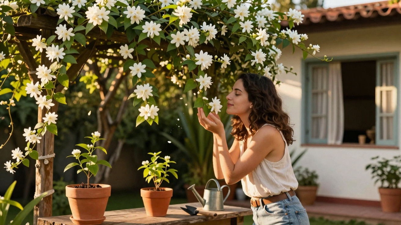 Woman smelling white jasmine flowers on a pergola in a sunny garden with potted plants nearby