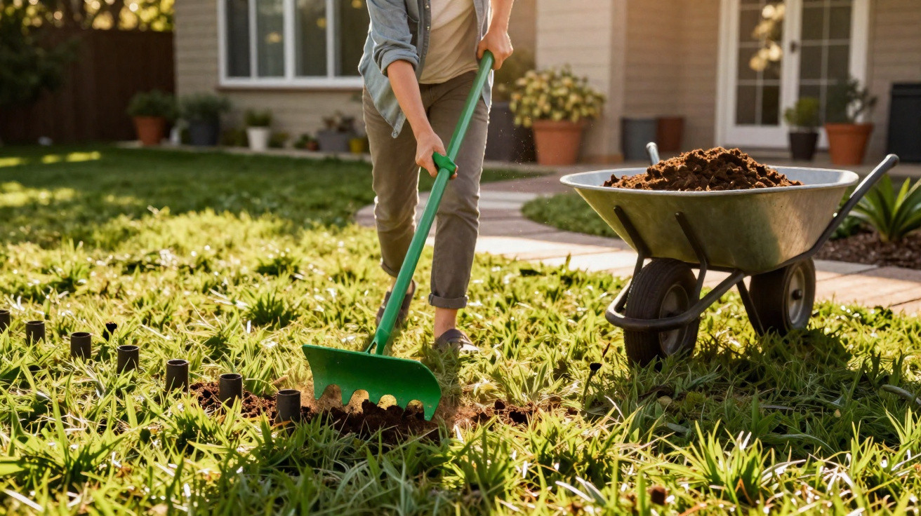 Person gardening with a green rake, turning soil near a wheelbarrow filled with dirt in a sunny garden.