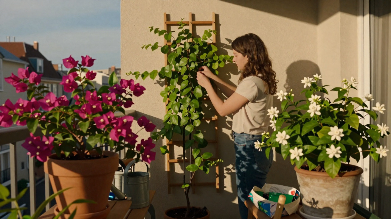 Woman tending to plants on a sunny balcony decorated with pink and white flowering pots.