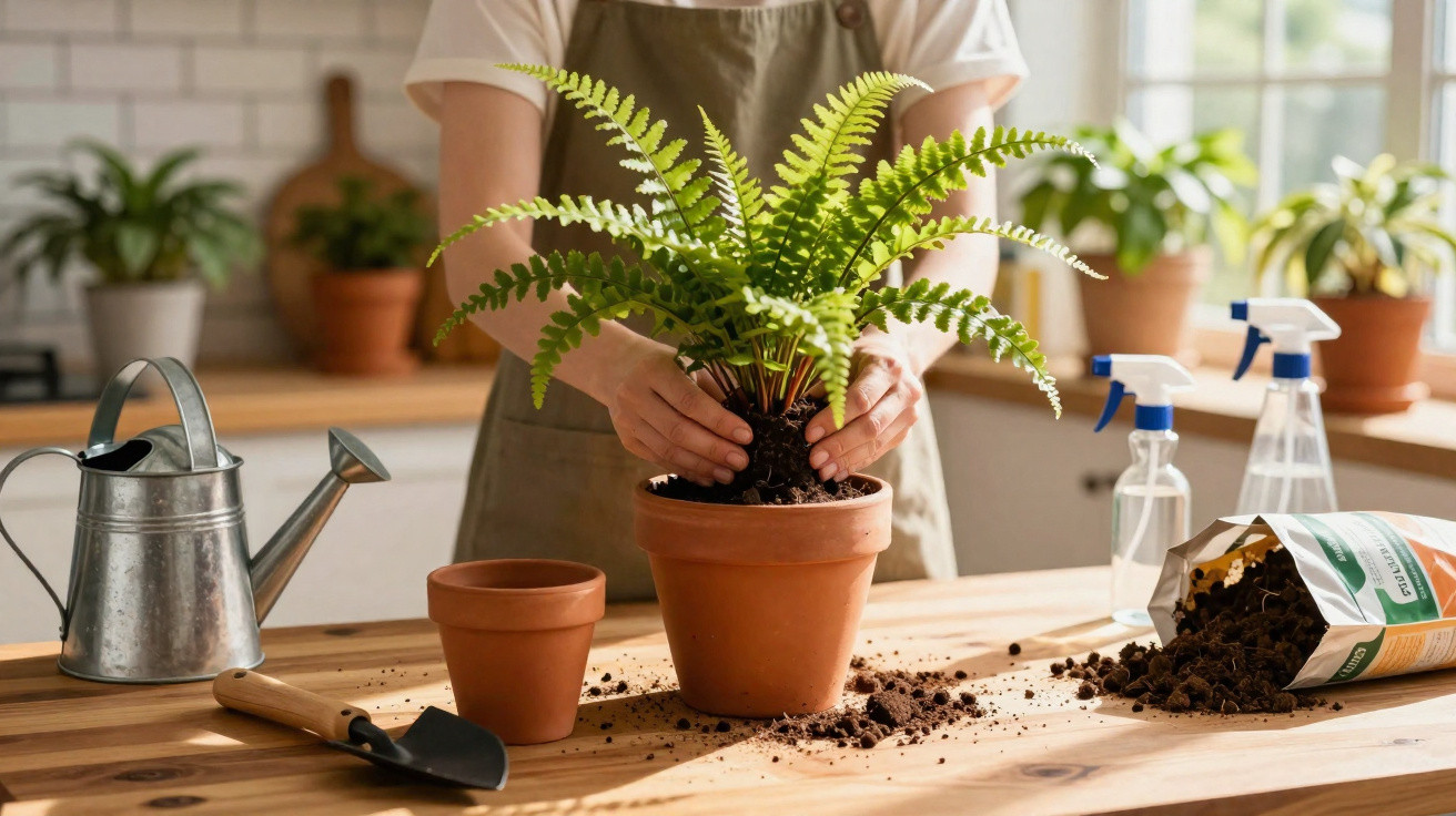 Person potting a green fern plant on a wooden table with gardening tools and soil in a bright indoor space.