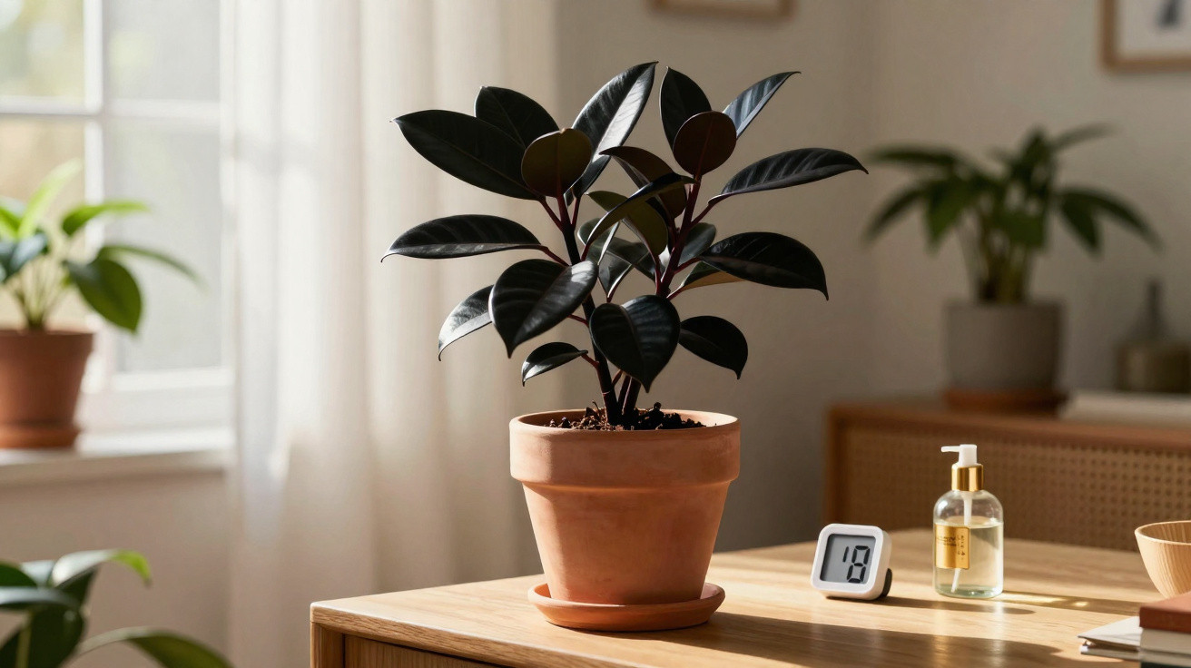 Rubber plant in a terracotta pot on a wooden table beside a small digital clock and a bottle of hand soap.