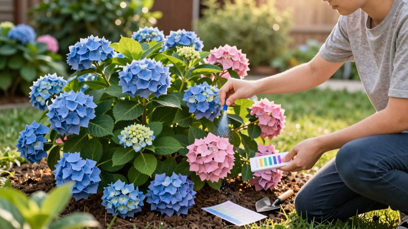 Person spraying pink and blue hydrangea flowers in a garden while testing soil pH with test strips.