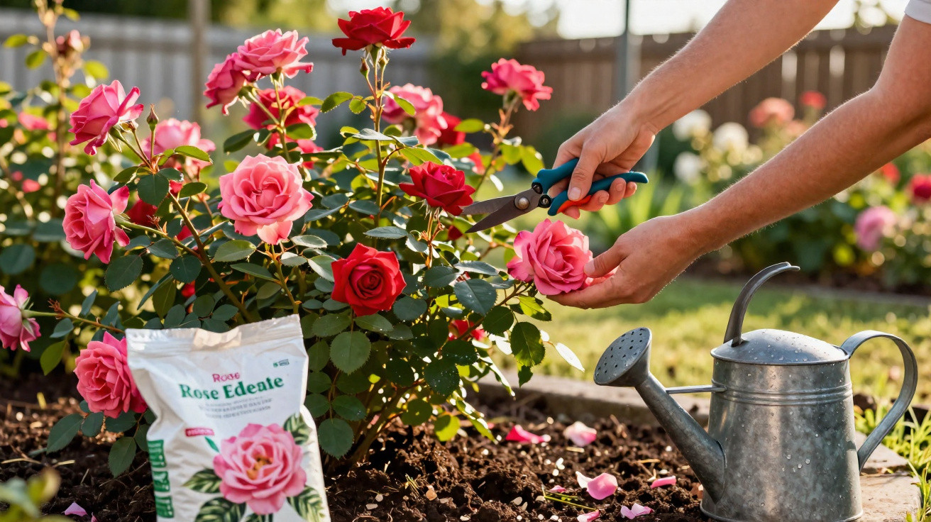 Person pruning vibrant pink and red roses in a sunny garden next to a watering can and rose fertilizer bag.