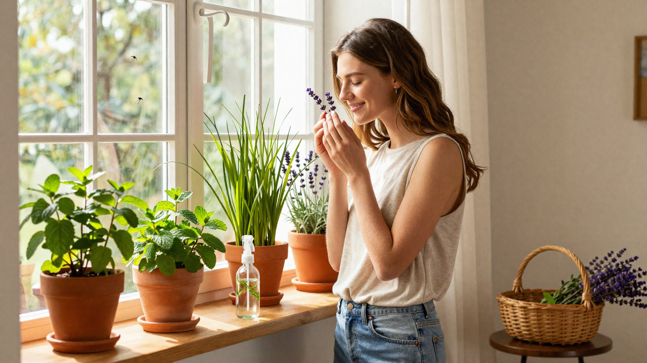 Young woman smelling lavender by a sunny window with potted plants and a wicker basket nearby