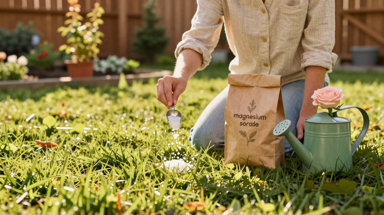 Person kneeling on grass sprinkling magnesium sorbate with a spoon beside a watering can and pink rose.