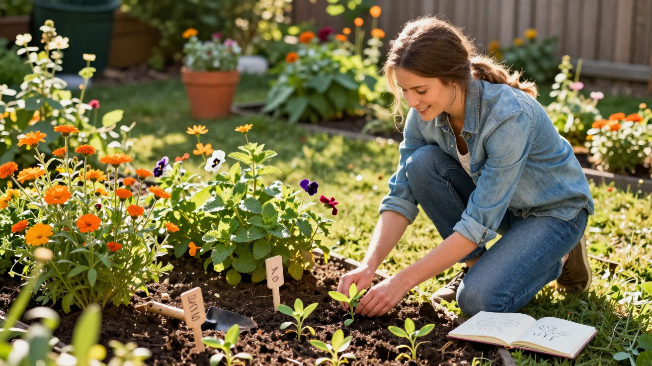 Young woman planting seedlings in garden bed surrounded by flowers on a sunny day.
