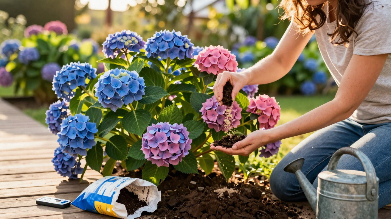 Person adding soil to pink hydrangea plant in garden with blue hydrangeas and watering can nearby.