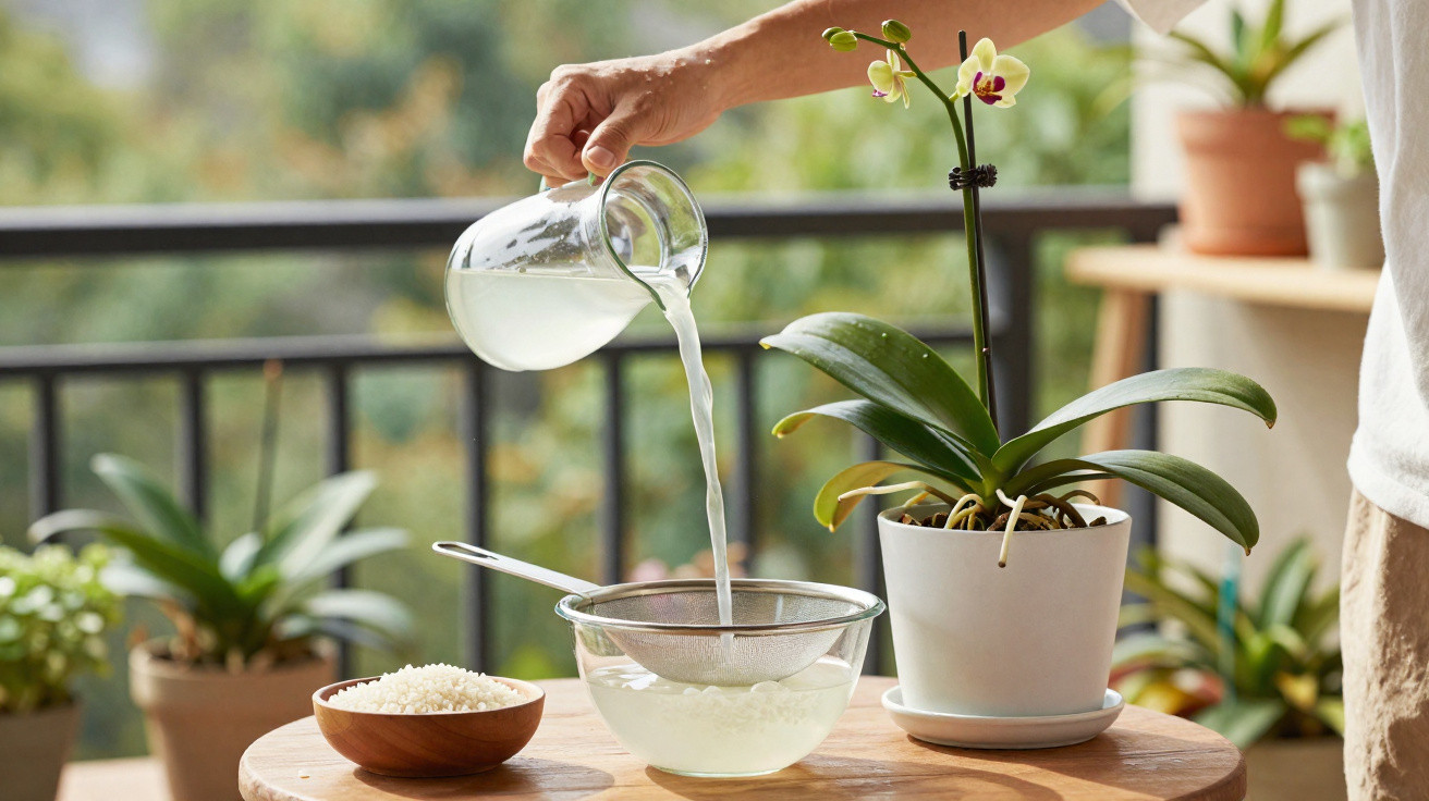 Person pouring water through a sieve into a bowl beside a potted orchid on a sunlit balcony table.