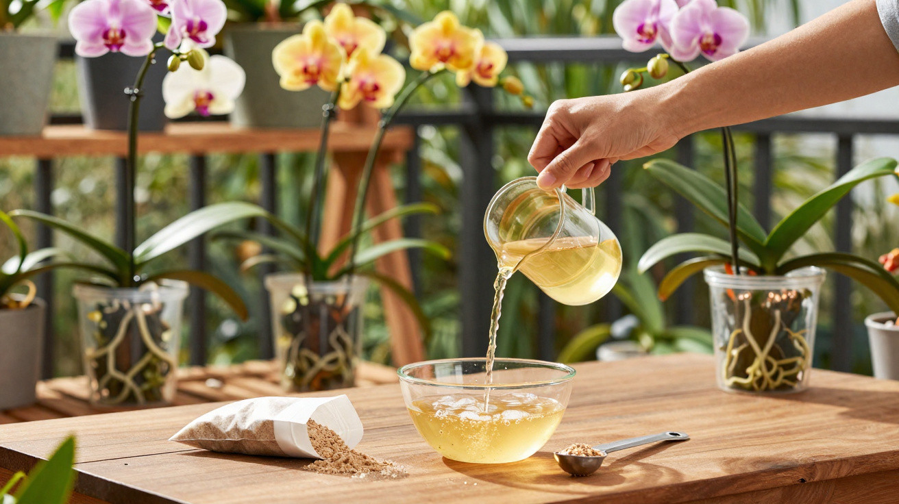 Hand pouring liquid from glass jug into bowl on wooden table with orchid plants and bag of powder nearby.
