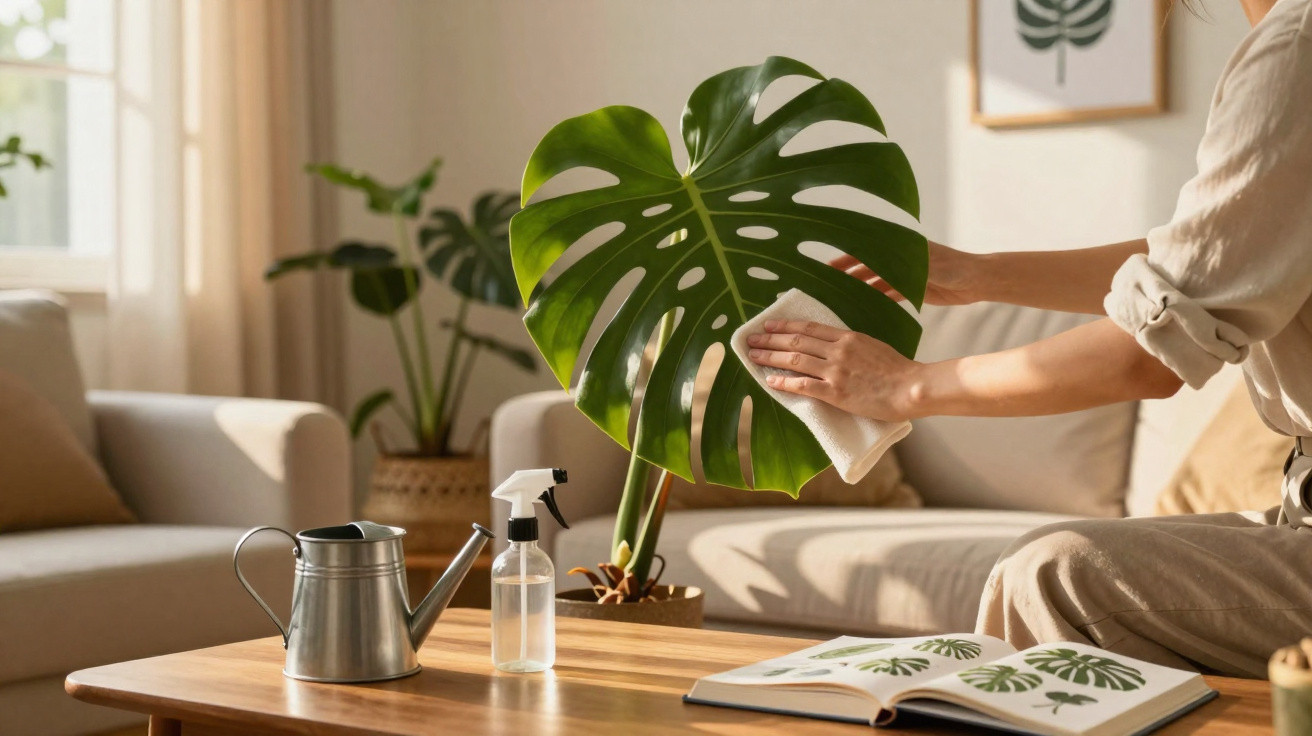 Person cleaning a large monstera leaf with a cloth in a sunlit living room.