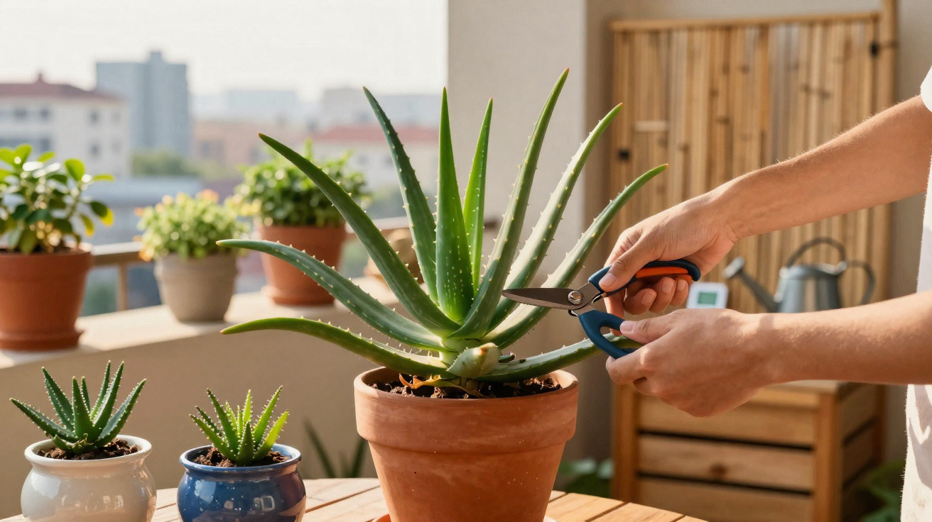 Person pruning a large aloe vera plant in a terracotta pot on a balcony table with other potted succulents.