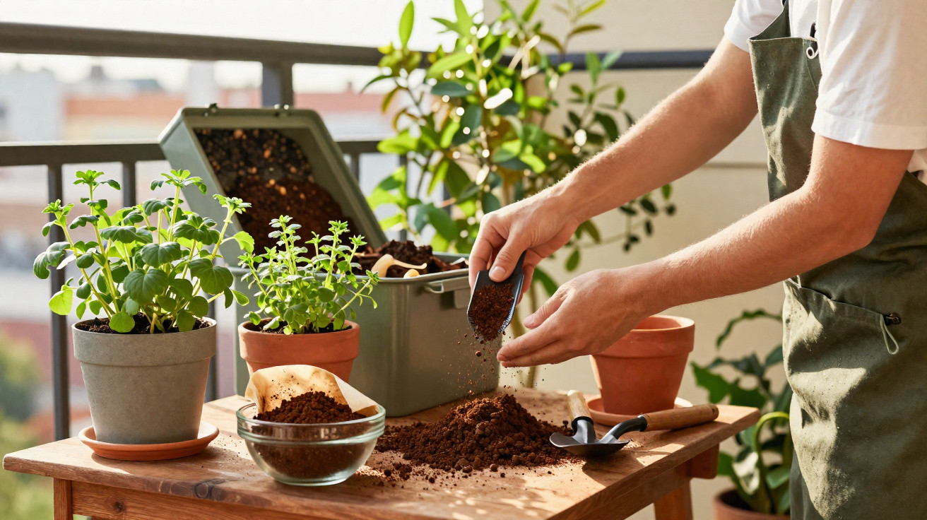 Person potting plants with soil on a wooden table in a bright indoor garden space.