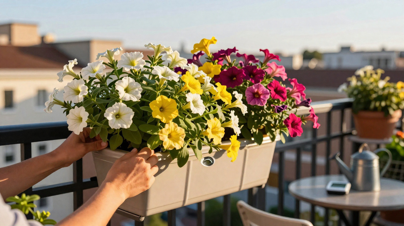 Hands tending a balcony planter box filled with white, yellow, and pink petunias on a sunny day.