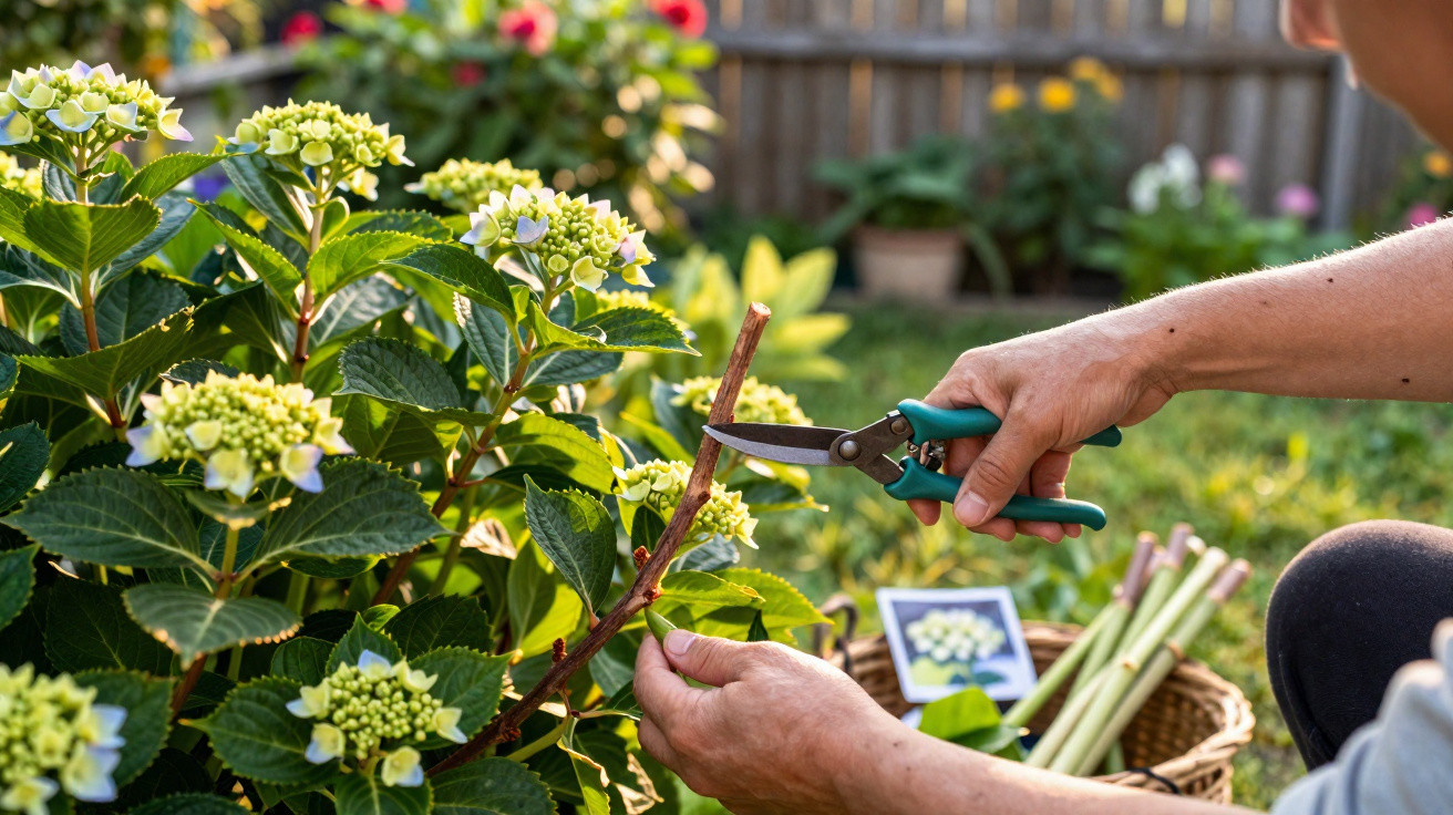 Person pruning hydrangea plant with garden shears in a sunny backyard garden.