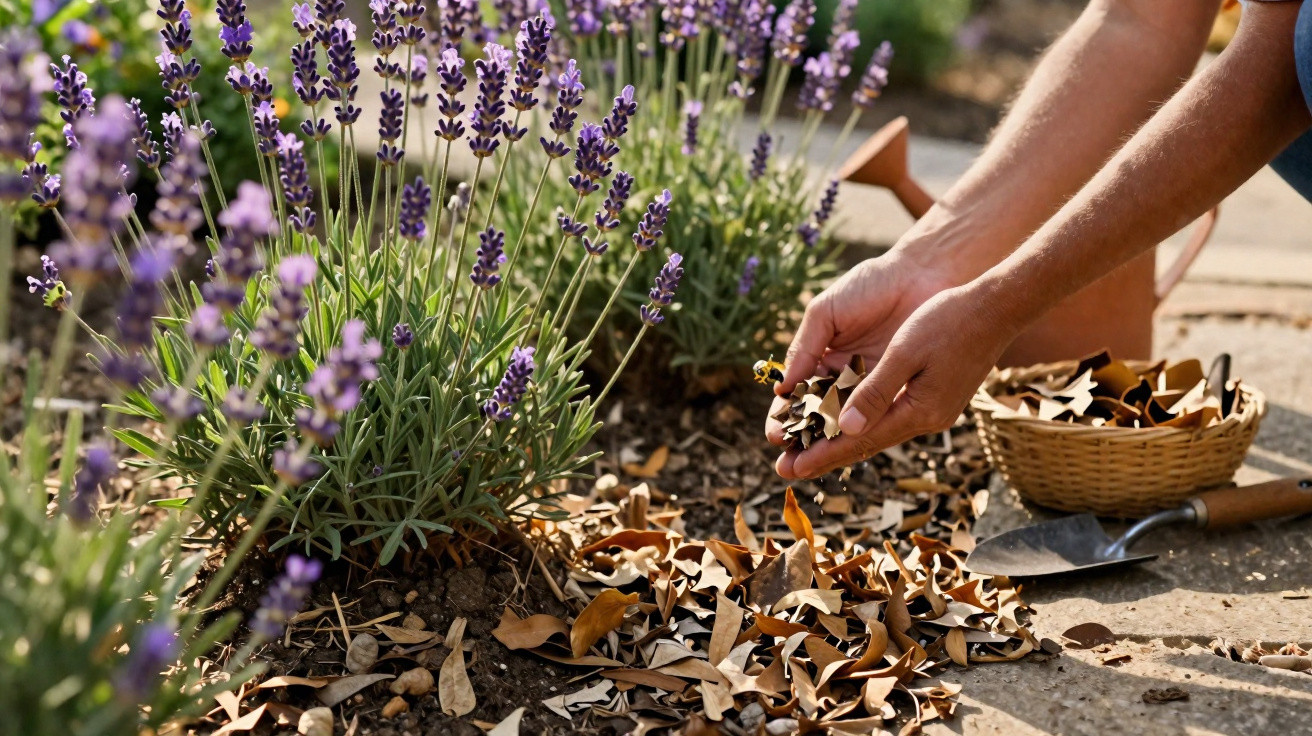 Person spreading dried leaves as mulch around blooming lavender plants in a garden bed.