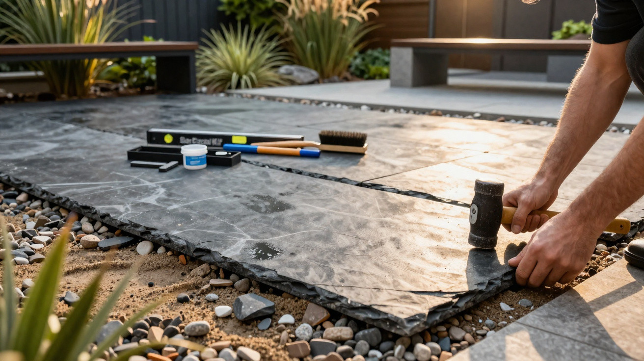 Hands using a rubber mallet to install large slate tiles on a gravel garden patio at sunset.