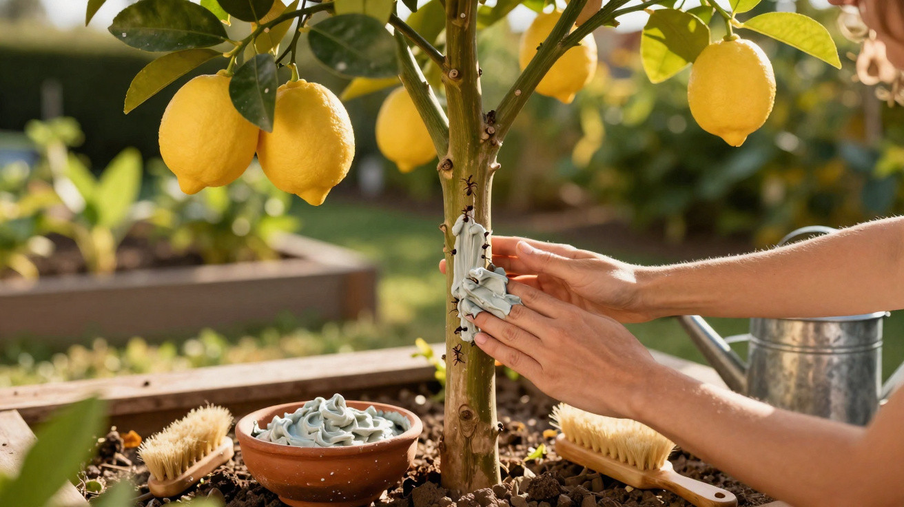 Hands applying white ant bait gel on a lemon tree trunk in a garden with gardening tools nearby.