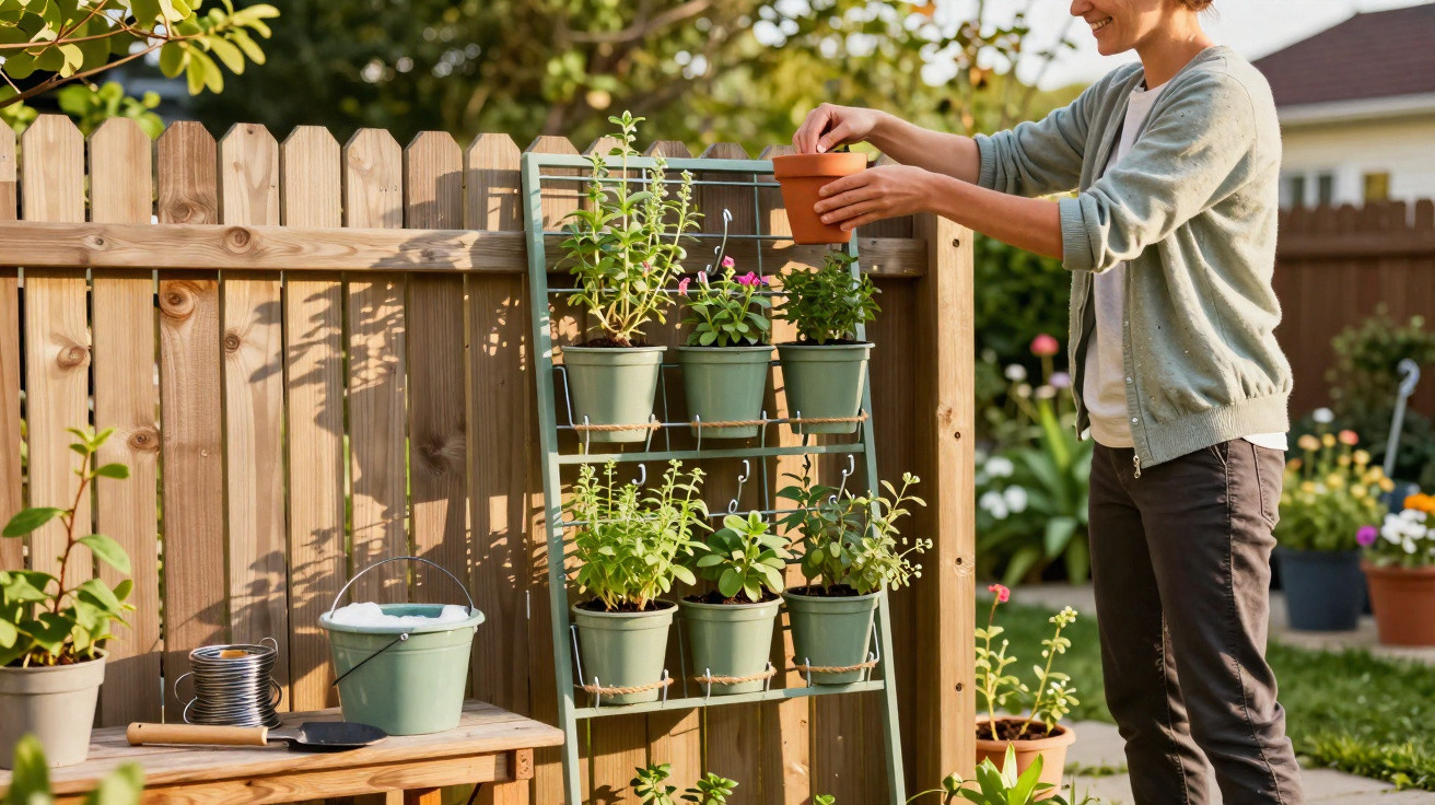 Person arranging potted plants on a vertical garden stand in a sunny backyard with wooden fencing.