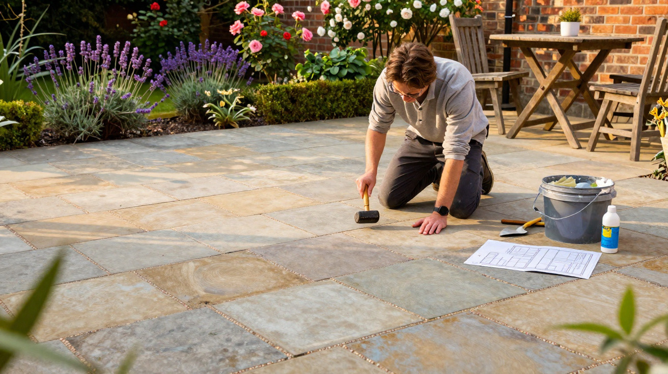 Person kneeling on stone patio, using a mallet to lay tiles, with garden tools and plans nearby.