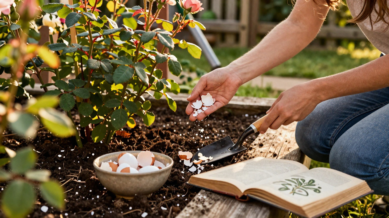 Person adding crushed eggshells as fertiliser to soil near rose plants with a gardening book open nearby.