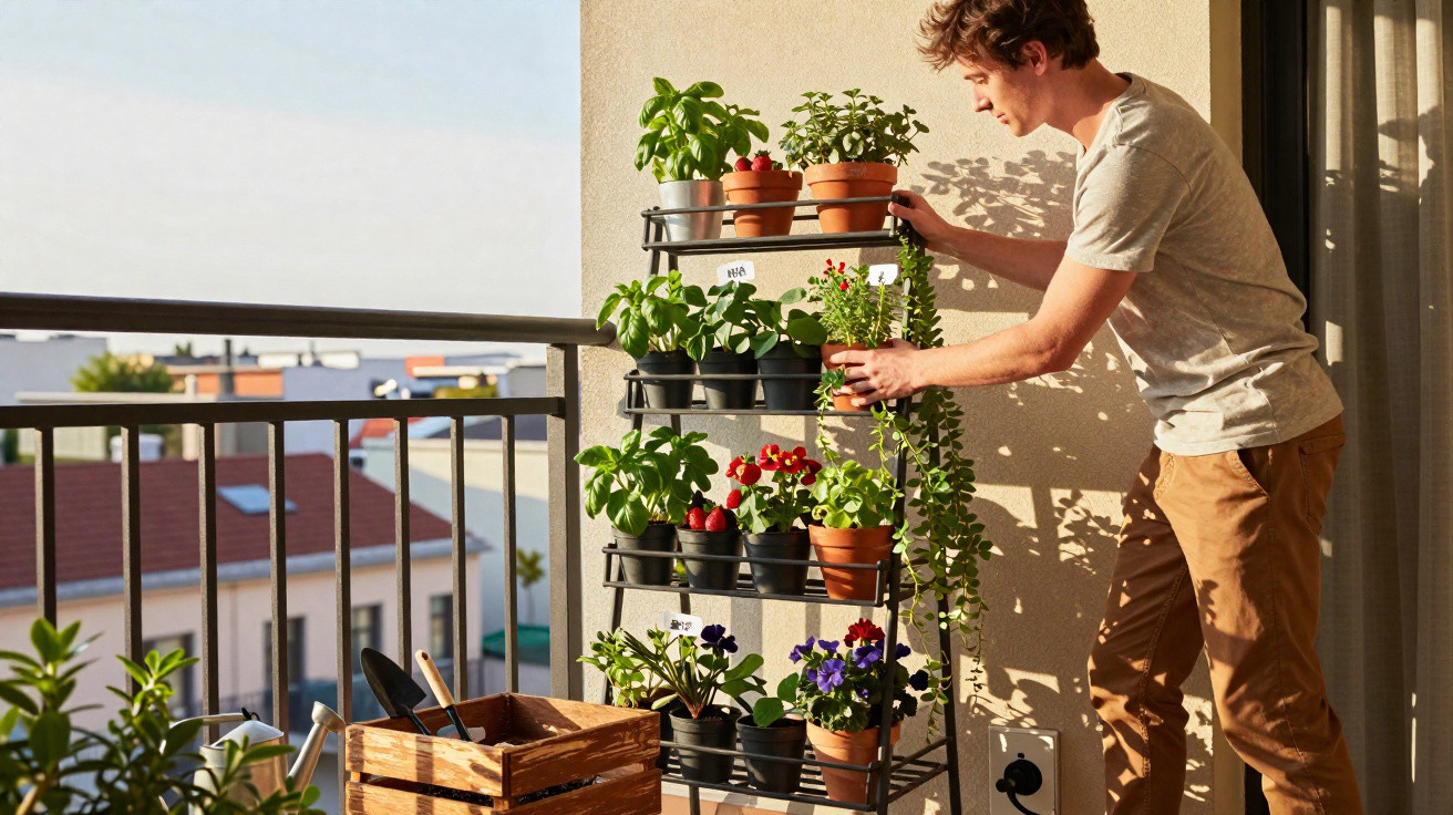 Young man tending to potted plants on a multi-tier plant stand on a sunny balcony.