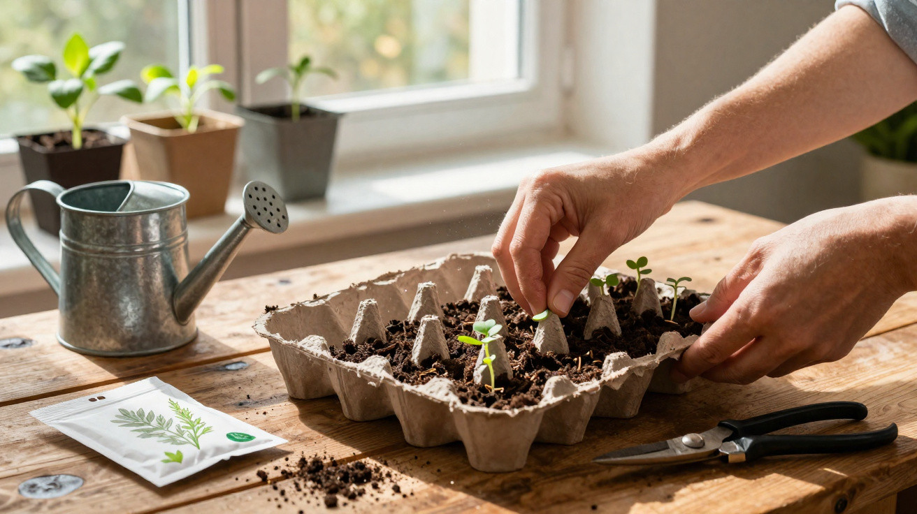 Hands planting seedlings in a cardboard seed tray on a wooden table with watering can and seed packet nearby.