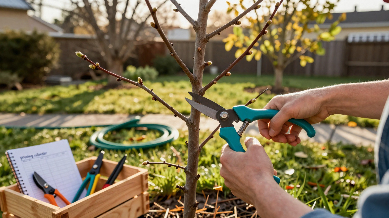 Person pruning small tree branches with blue-handled secateurs in sunlit garden setting