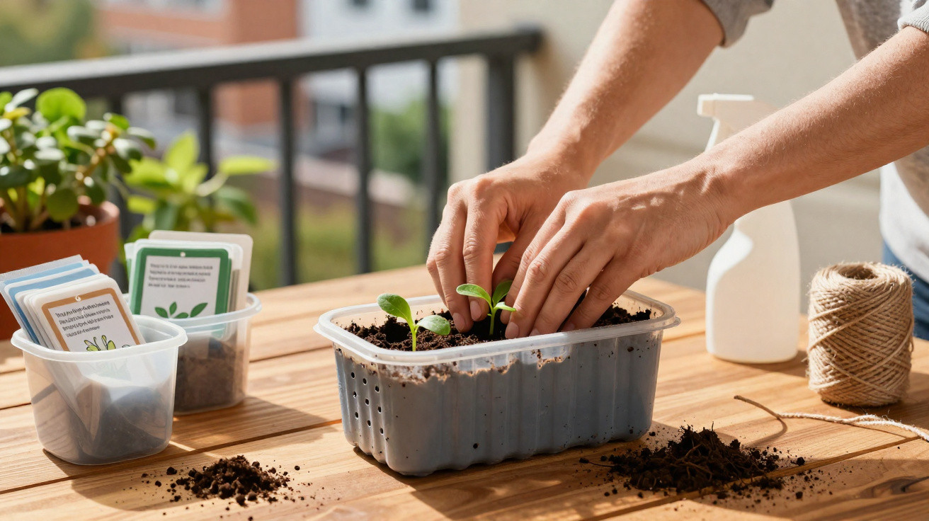 Hands planting seedlings in a plastic container on a wooden table with gardening supplies outdoors.