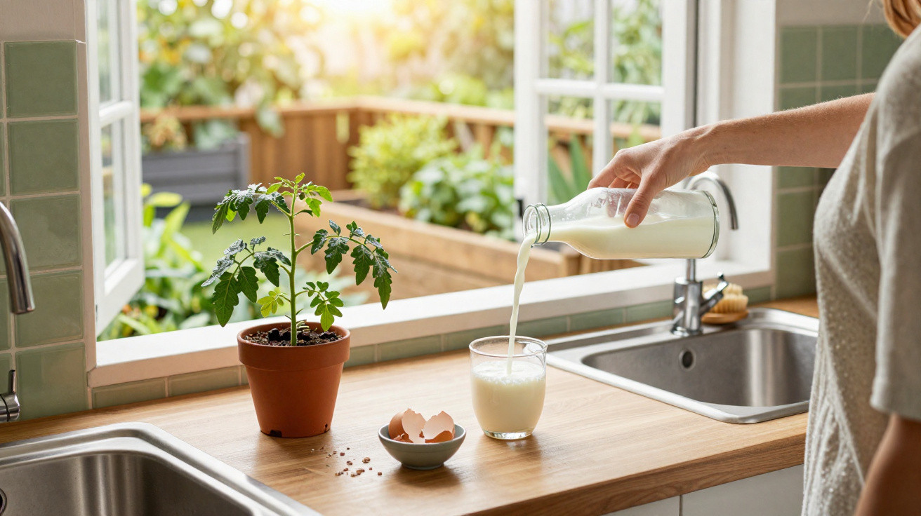 Person pouring milk into a glass on a kitchen counter with a potted plant and eggshells nearby.