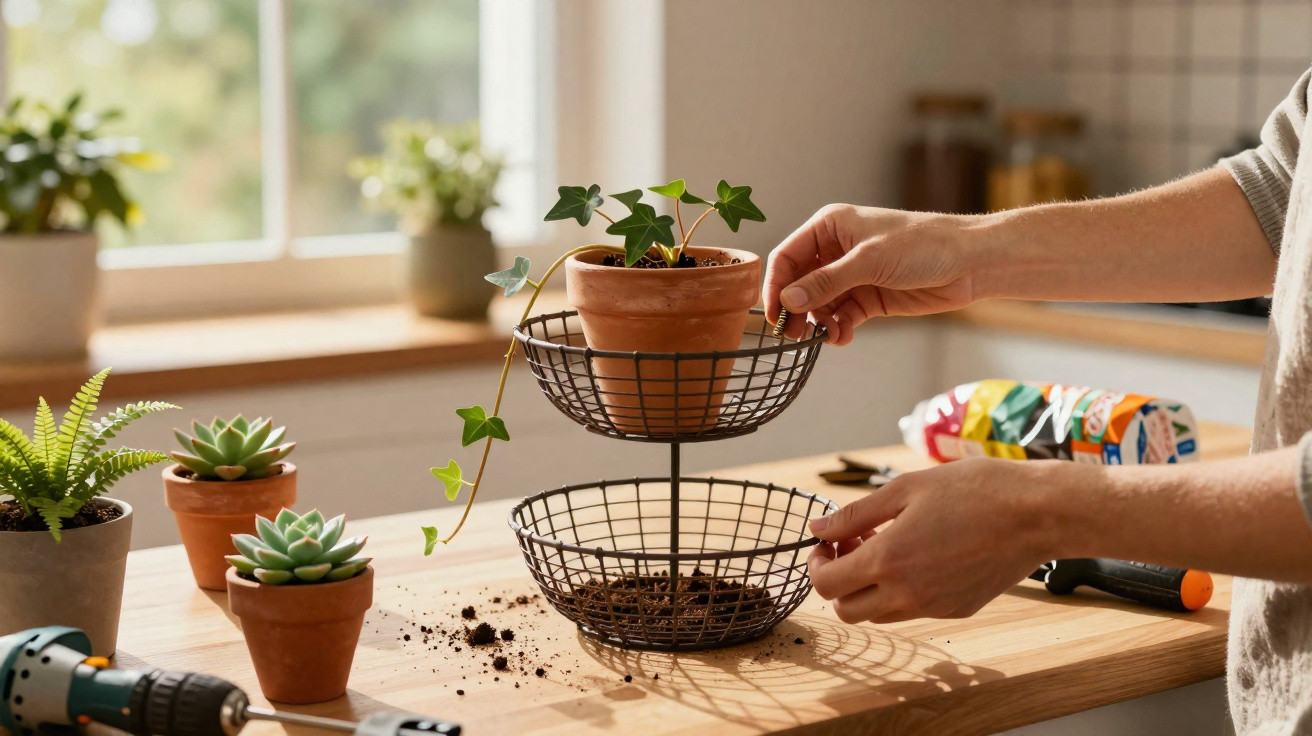 Person assembling a two-tiered wire plant stand with potted plants on a wooden table by a window.