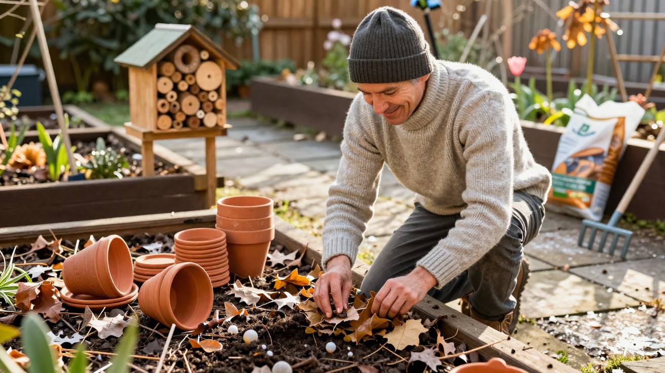 Man in a grey sweater and beanie planting in a garden bed covered with autumn leaves and surrounded by empty pots.