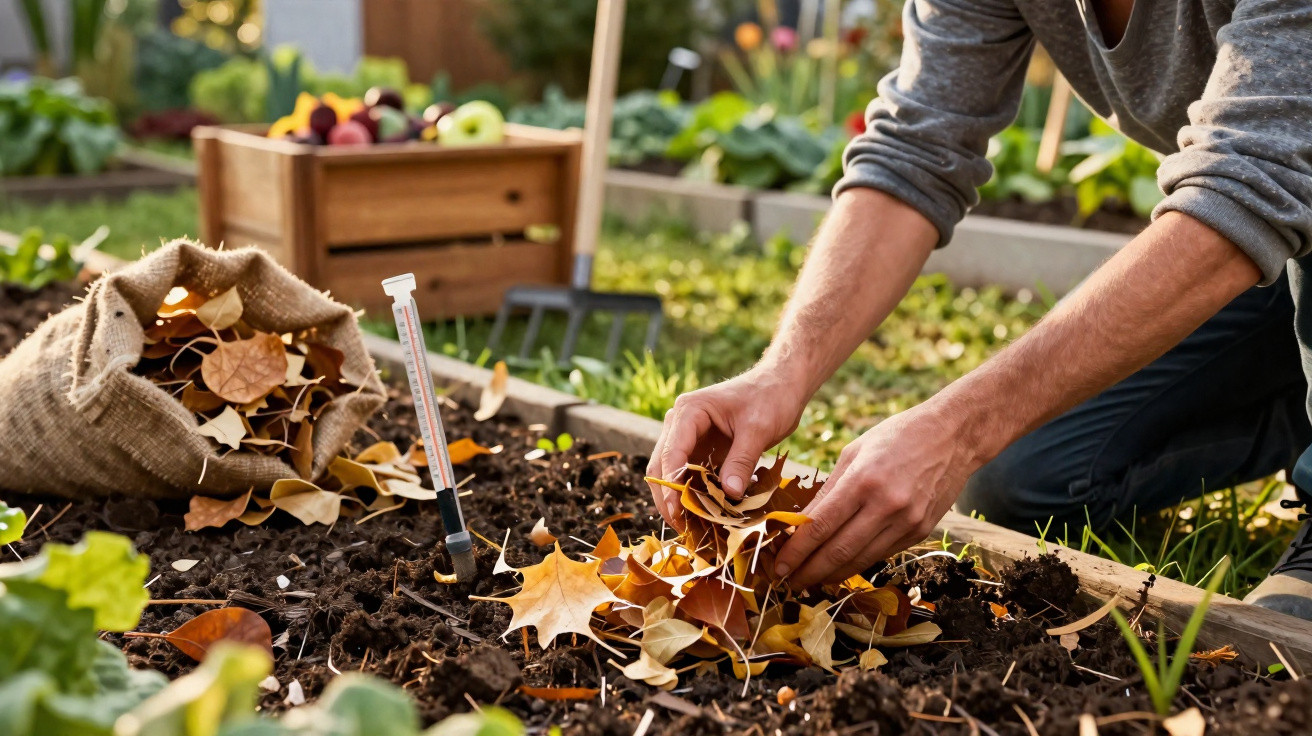Person adding autumn leaves to garden soil in a raised bed with a burlap sack and gardening tools nearby.